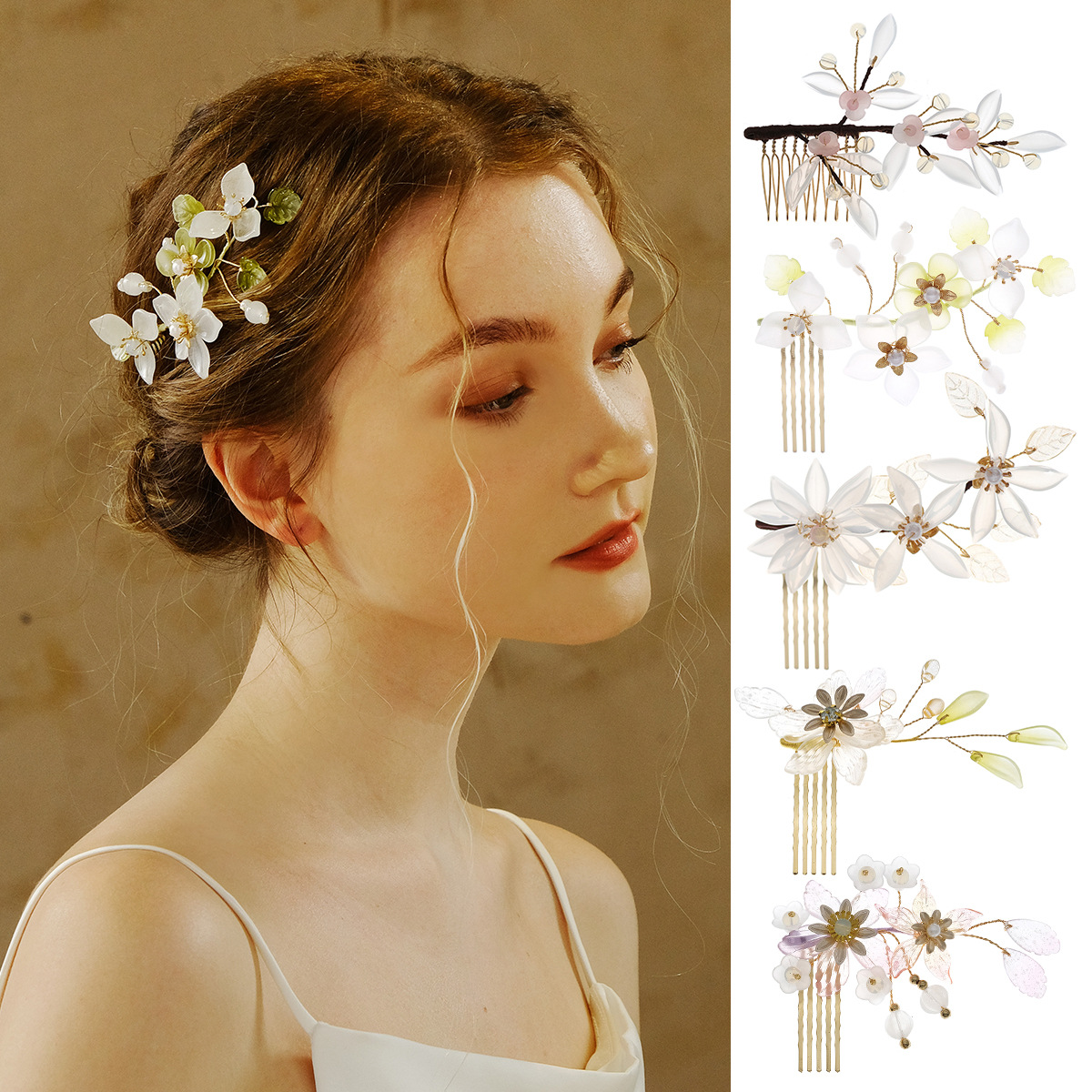 New Chinese-style Xiuhe ancient-style hair accessory, beautiful crystal pearl comb, bride's updo headwear, resin flower comb full figure