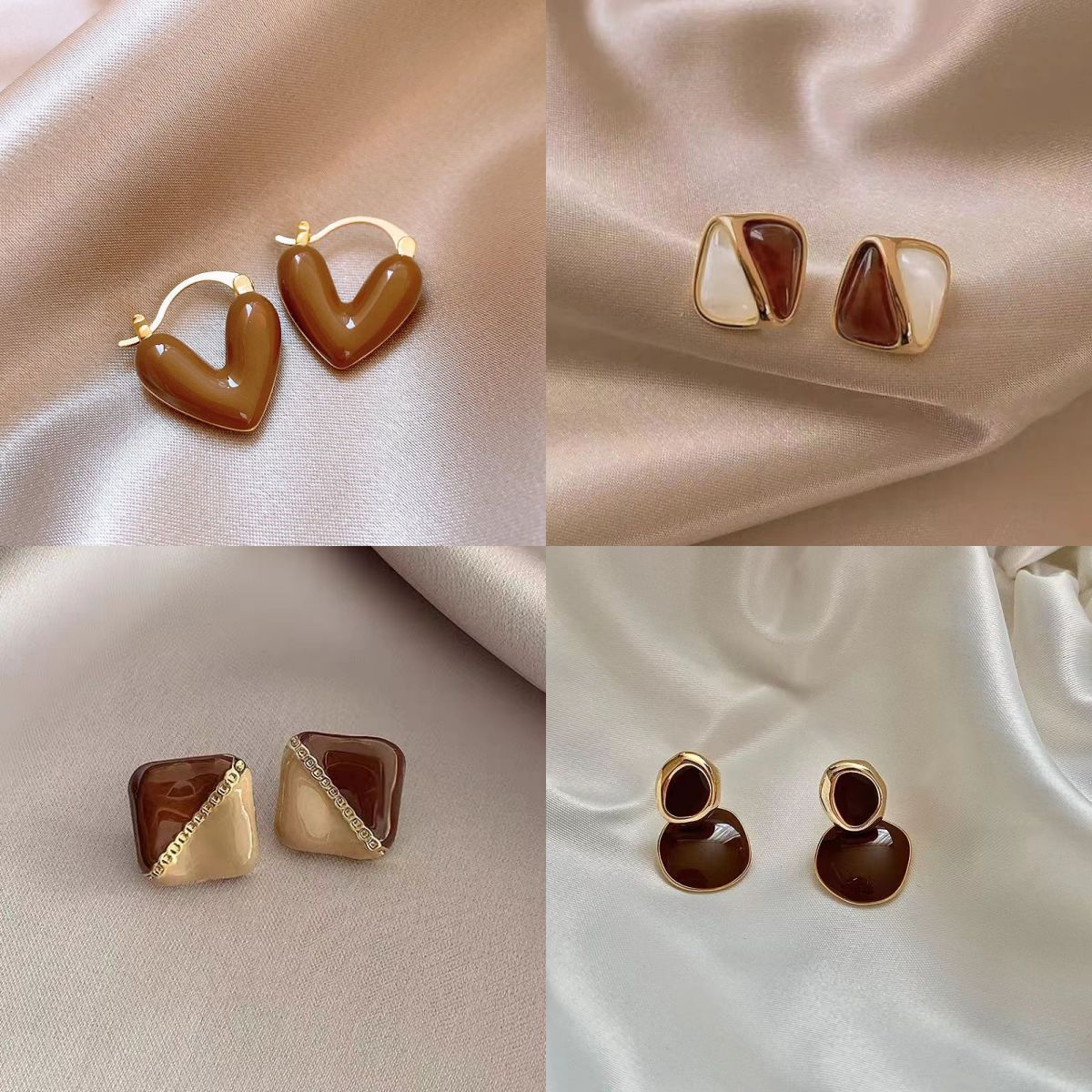 Maillard color series ~ French high-end milk coffee stud earrings, women's ins trendy and niche style, retro design sense, Hong Kong style earrings full figure