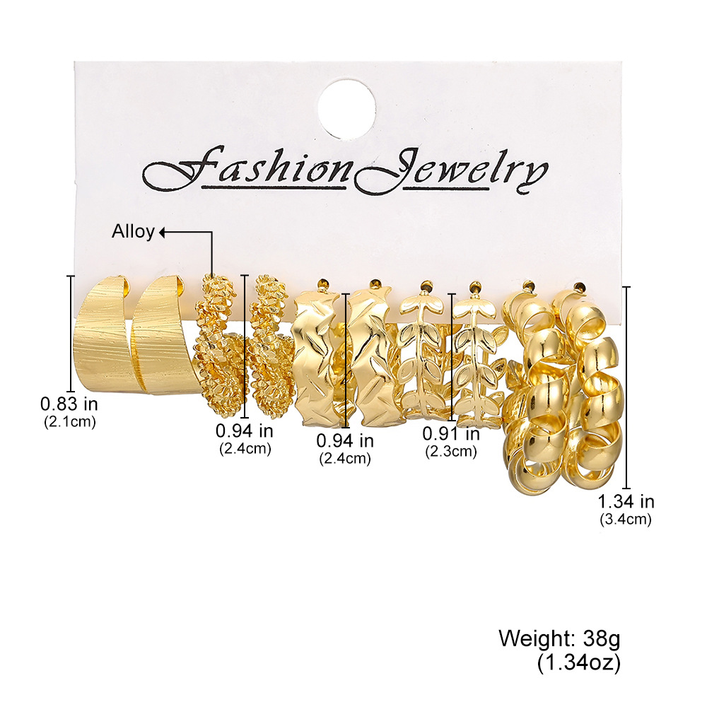 A 6-piece set of European and American fashionable commuting geometric hammered pattern earrings, creating a versatile golden stud imitation pearl women's earrings details Picture