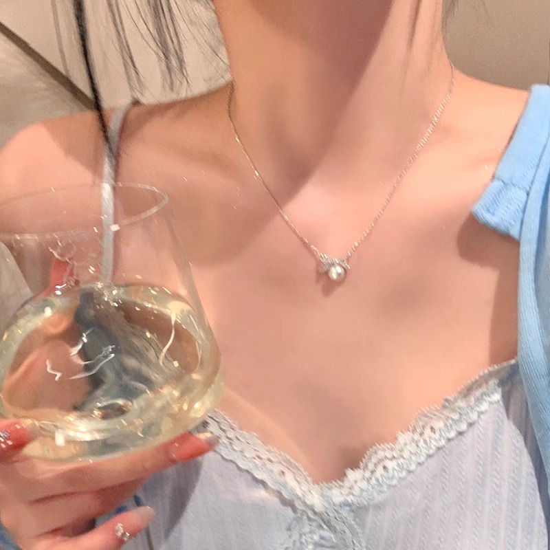 Pearl bow necklace accessory for women's new 2025 sense light luxury niche collarbone necklace choker Specification drawing