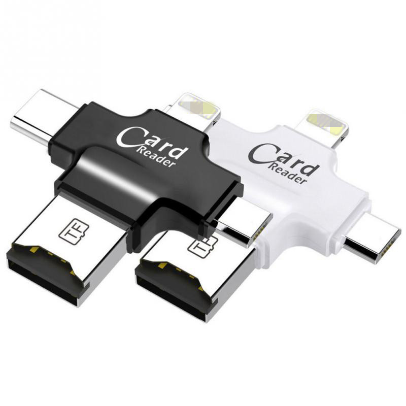 The multi-functional OTG card reader is compatible with the Apple iphone and Android Type-C four-in-one adapter converter full figure
