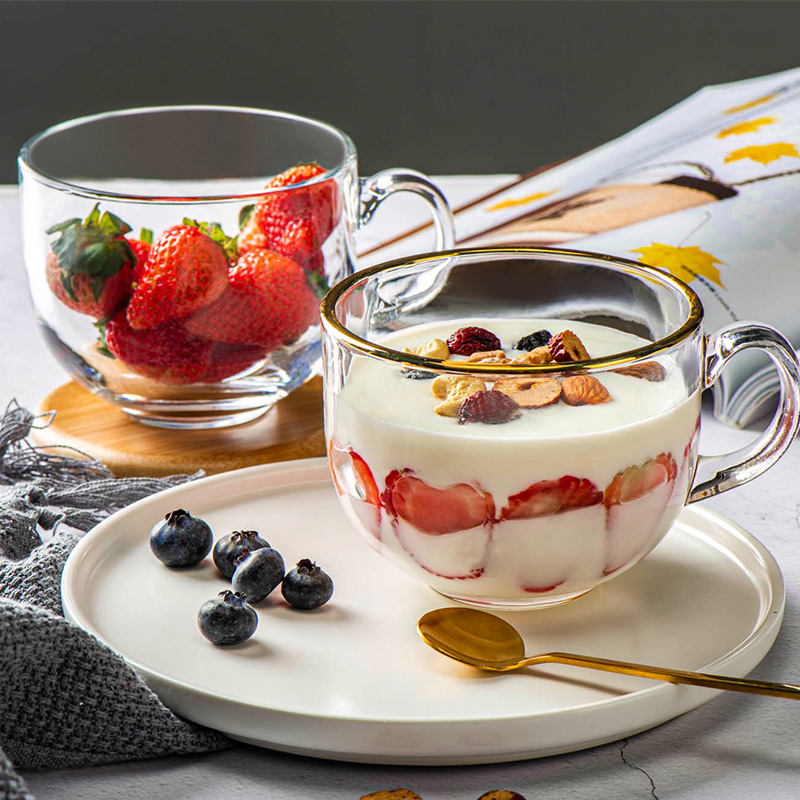 Transparent milk cup, simple tea-colored glass oatmeal breakfast cup, household small bowl milk cup, oatmeal cup, laser logo details Picture