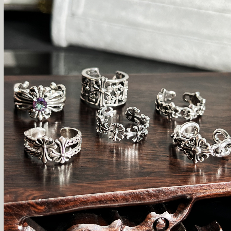 Retro and aged iris cross ring, neutral style, ins trendy, cold European and American style, adjustable ring quality Specification drawing