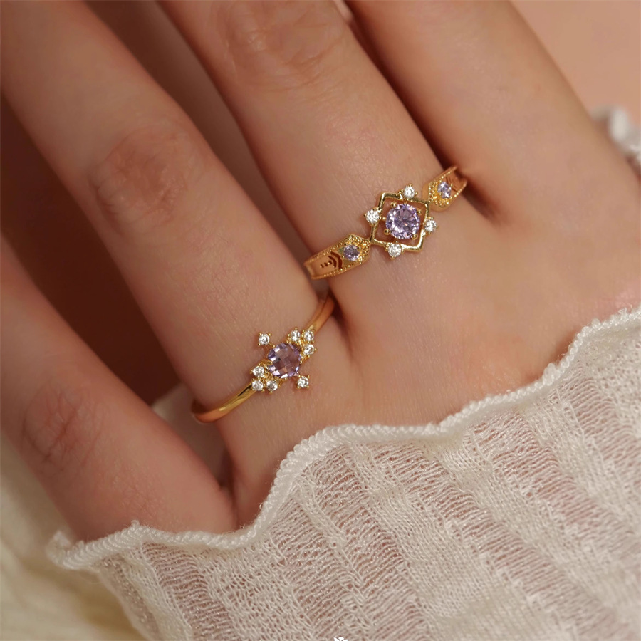 French sparkling purple zircon open ring, a retro, niche, high-end, dreamy, elegant and versatile index finger ring for women Specification drawing
