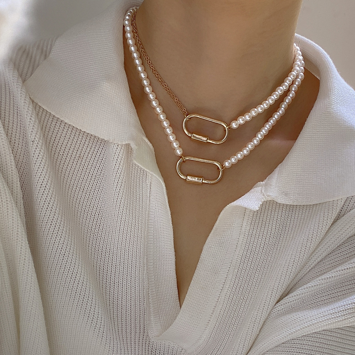 European and American cross-border jewelry, French simple and fashionable double-layer pearl imitation necklace, elegant geometric double-ring beaded necklace Specification drawing
