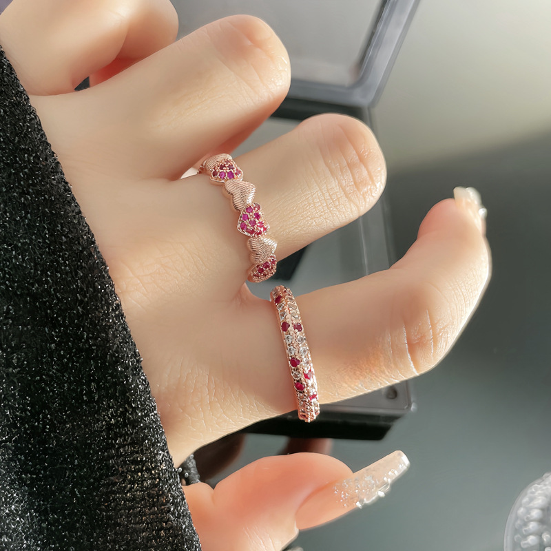 A retro brushed heart rose red zircon fashion open-top ring with a cold and elegant touch for women details Picture