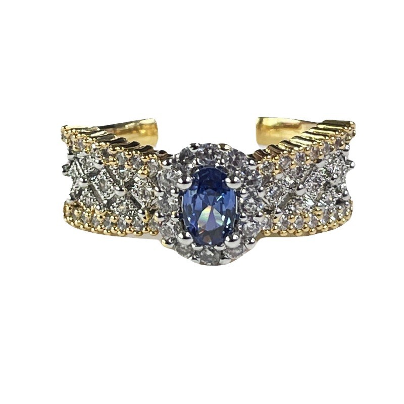 European and American cross-border colored gemstone vintage hollowed-out fashionable open ring for women to wear in layers, retro, individual, niche and high-end style ring Item Picture