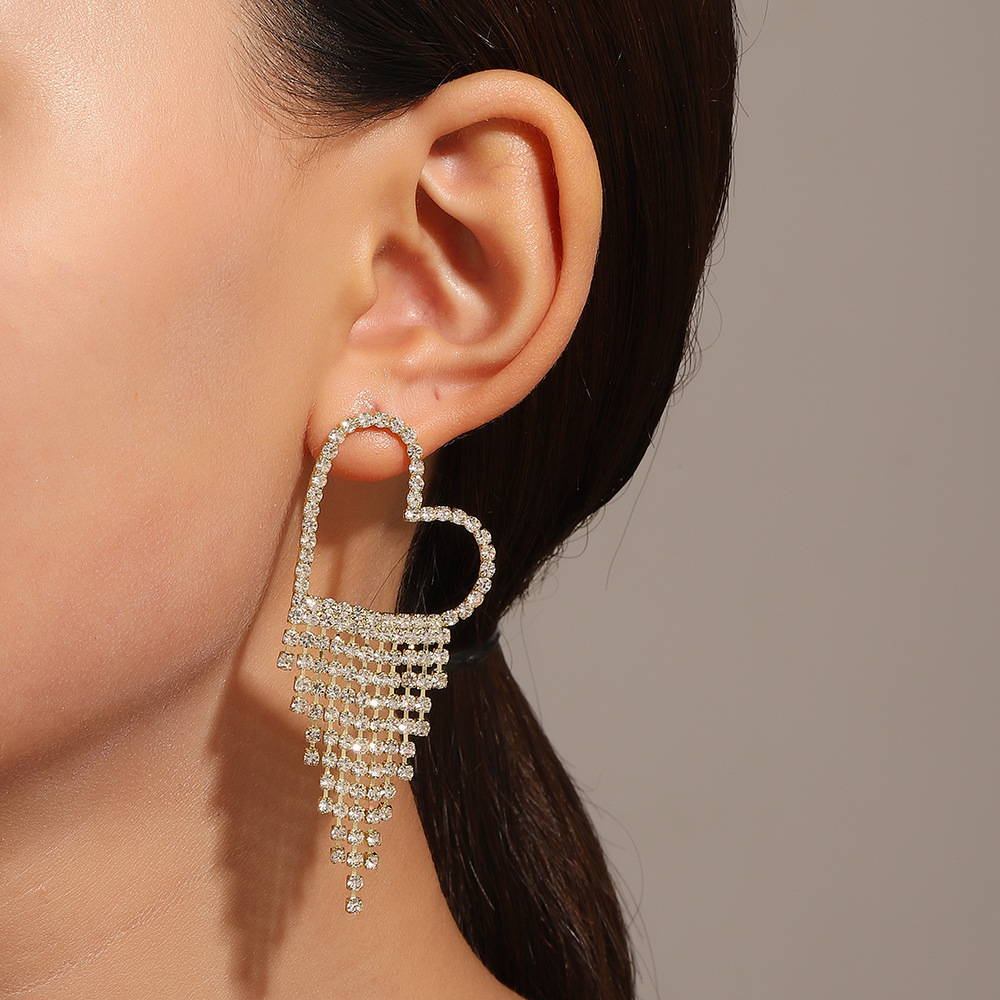 New cross-border long diamond-encrusted tassel earrings for women, super exaggerated full-diamond butterfly-shaped heart-shaped stud earrings, super dazzling European and American earrings Specification drawing