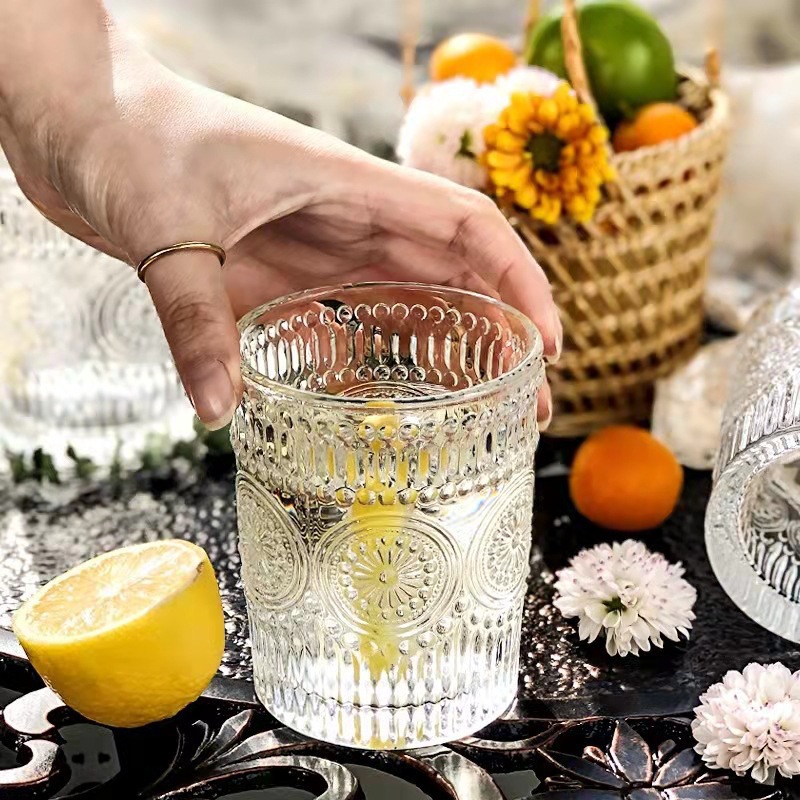 Sunflower water cup, embossed transparent glass cup, creative home office, European retro juice drink, milk cup Application Scenario