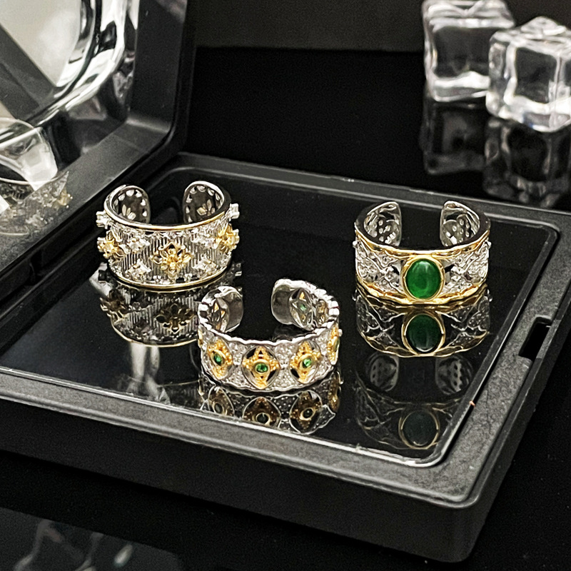 A mid-style retro brushed, hollowed-out and green diamond-encrusted elegant ring for women, with a high-end and fashionable touch that can be adjusted Specification drawing