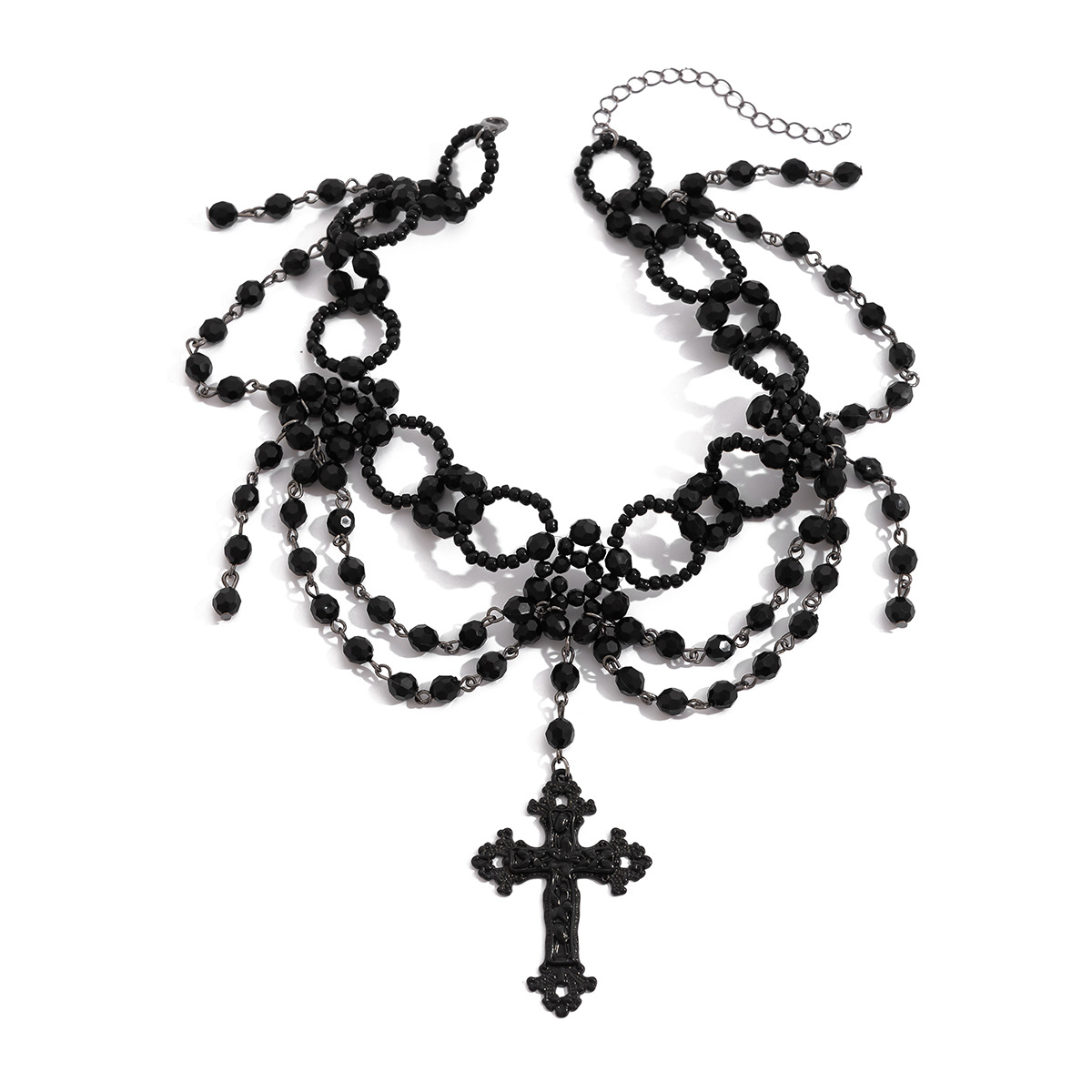 European and American cross-border jewelry, court-style black lace collarbone chain, retro cross crystal beaded tassel necklace Item Picture