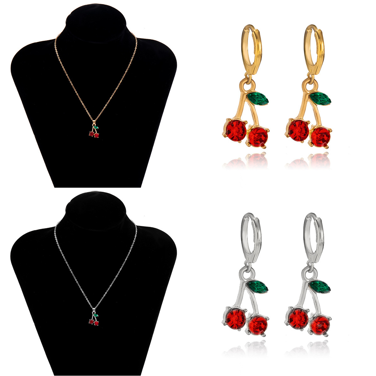 European and American cross-border jewelry, fashionable and versatile tassel cross chain necklace, women's simple style cherry necklace earrings Specification drawing