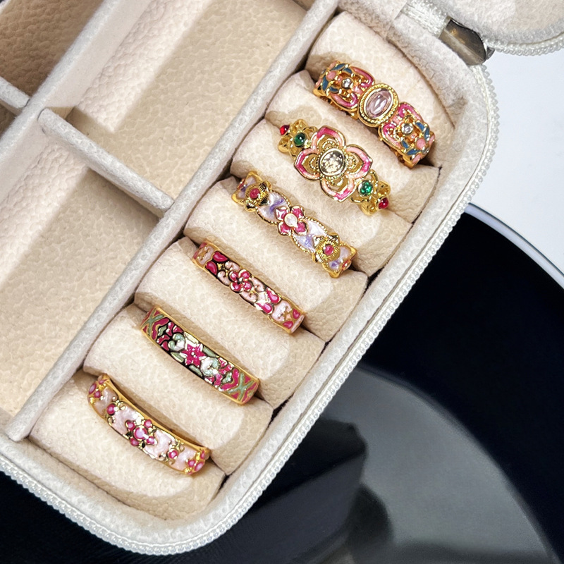 Xiaohongshu's best-selling Chinese trend style enamel gradient pink peach blossom light luxury exquisite ring, feminine flower index finger ring Specification drawing