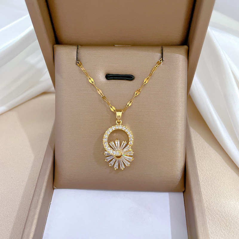 【 Titanium Steel 】 Flower Micro-inlaid Necklace and earrings set, light luxury micro-inlaid personalized and elegant banquet earrings and Necklaces combination Item Picture