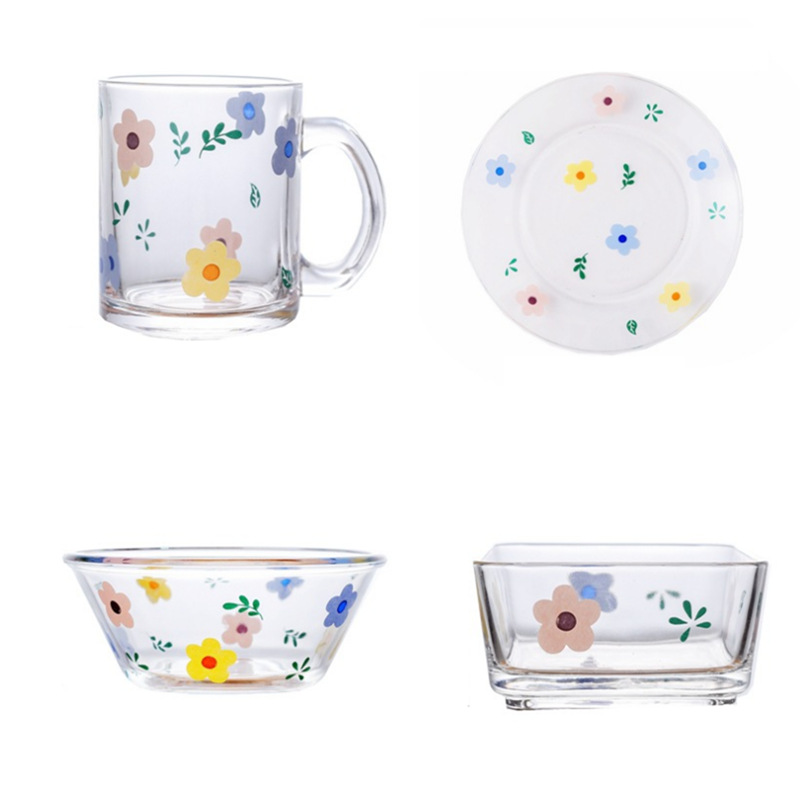 Boli Mei Japanese and Korean Hyuna Small Flower Tableware Set, Glass cups, Glass bowls, Glass plates, ins style, girlish heart Item Picture