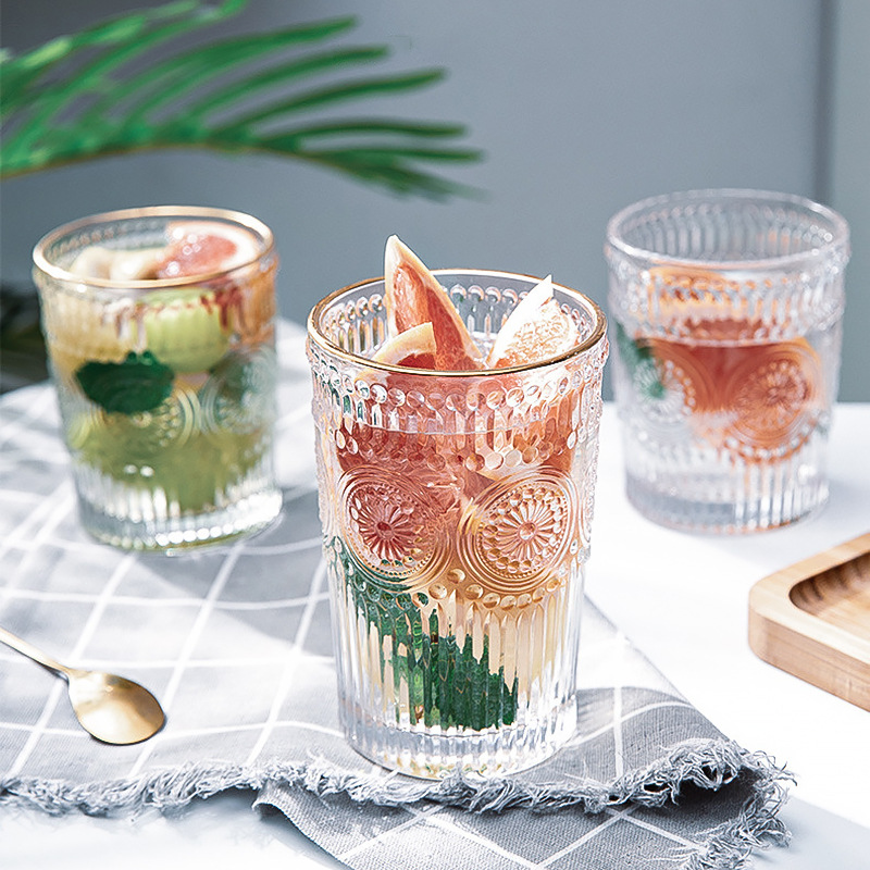 Ins-style sunflower water cup, retro relief glass cup, women's coffee cup, popular cold drink cup, golden edge household cup full figure
