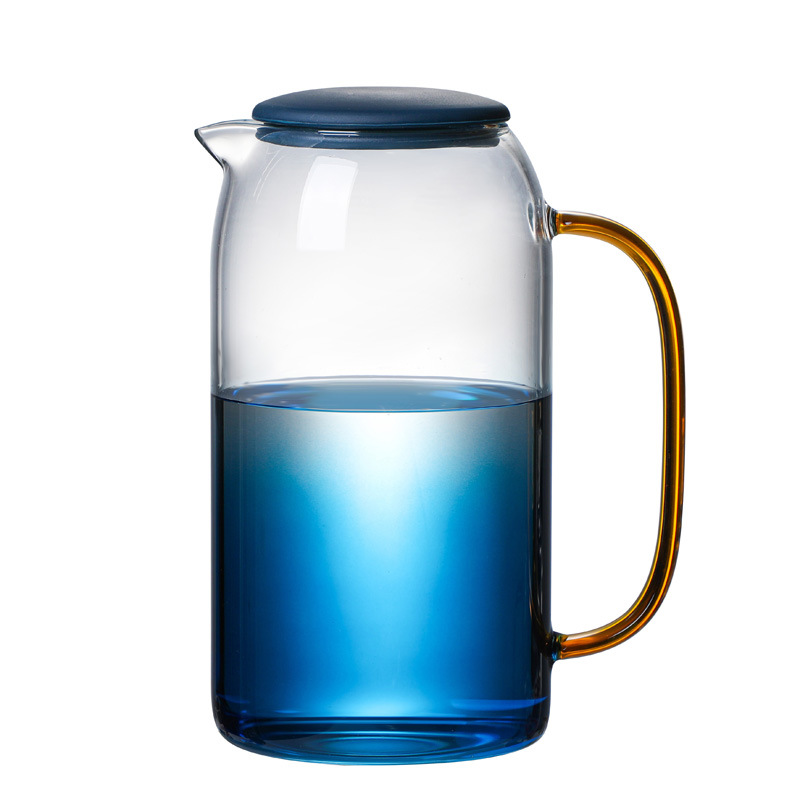 Thickened gradient blue marble glass cold water kettle, household fashionable and creative large-mouth colorful handle cold water kettle Item Picture