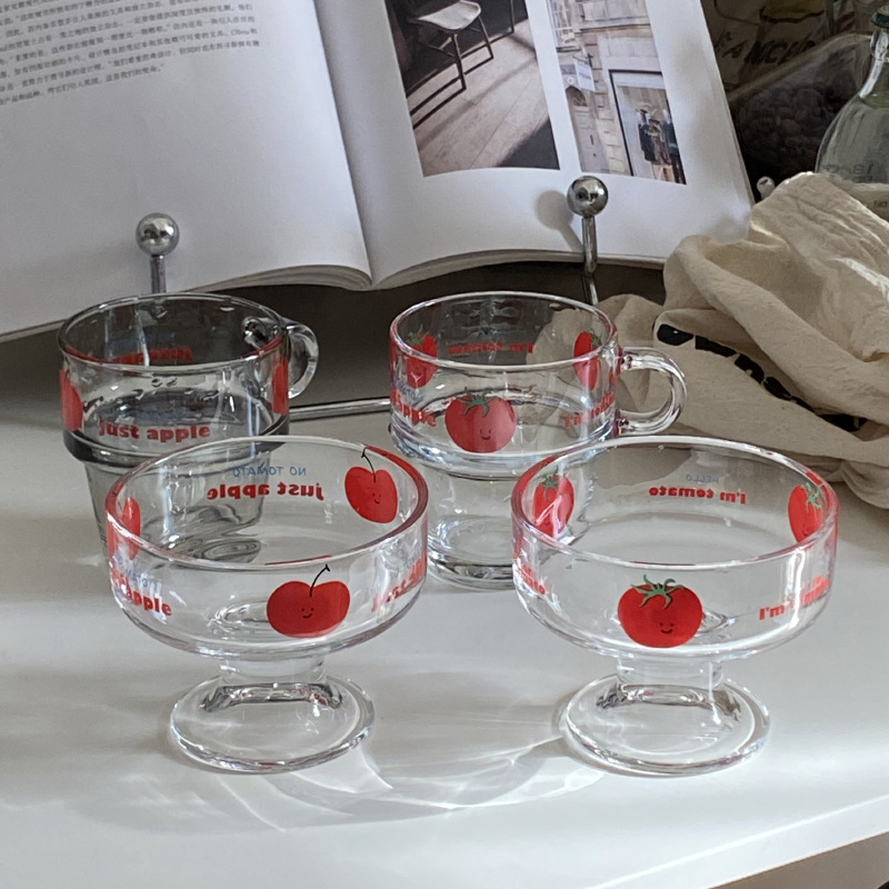 Niche apple tomato high-legged dessert, glass cup, ice cream pudding cup, cute cartoon fruit plate gift Specification drawing