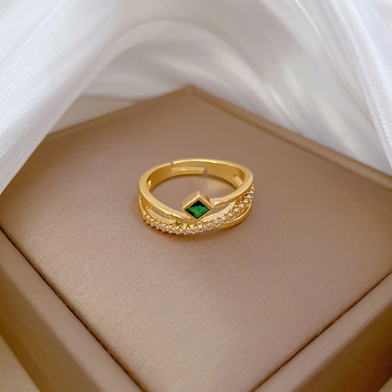【 Real Gold 】 Cross-green full diamond ring with adjustable opening, simple Japanese-style bracelet, couple rings Specification drawing