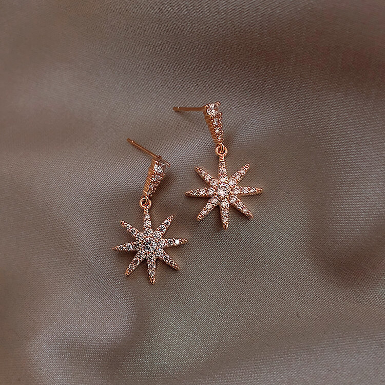 Korean-style diamond-encrusted snowflake pendant earrings for women, a light luxury high-end design, a niche Instagram exquisite and versatile fashionable ear accessory Specification drawing
