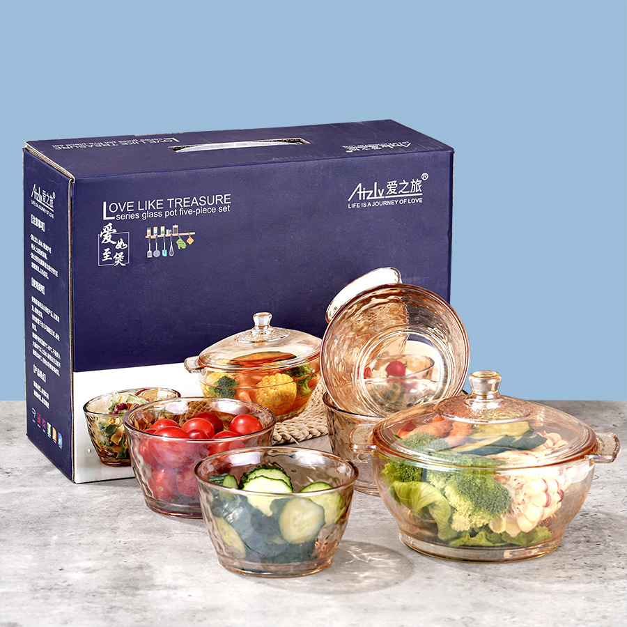 European-style glass crystal pot manufacturer, glass bowl, tea-colored double-ear covered instant noodle bowl, salad bowl, amber glass pot Specification drawing