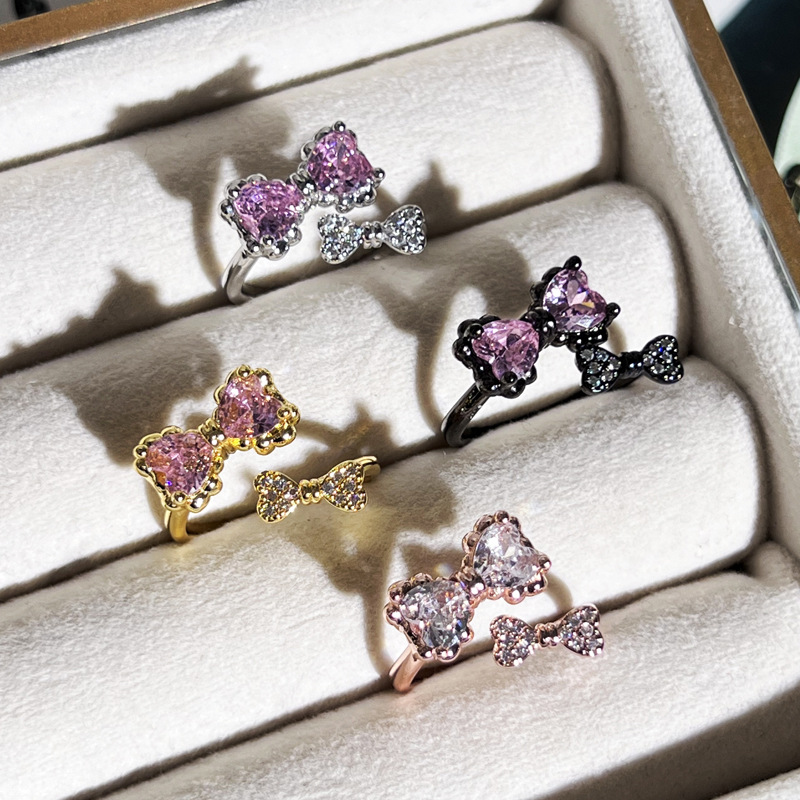 Sweet and girlish, elegant pink diamond heart-shaped bow ring for women, simple, individual, niche and cold style exquisite ring Application Scenario