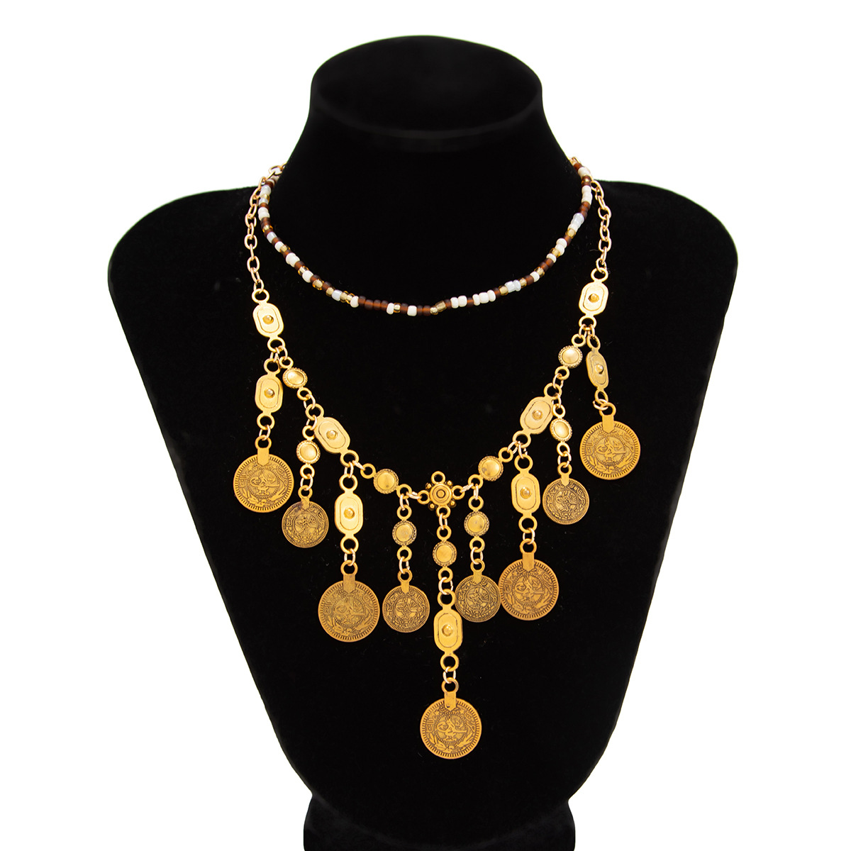 European and American cross-border jewelry, Bohemian ancient-style coin pendant necklace, exotic style rice bead beaded necklace for women Item Picture