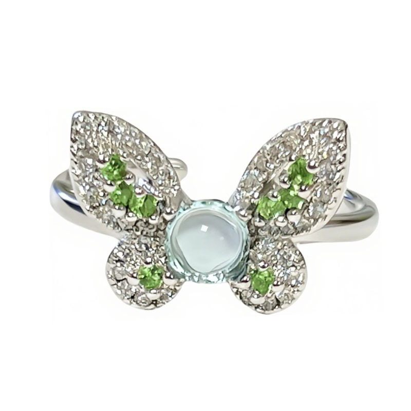 New Chinese-style national trend, fresh and light green diamond butterfly opening ring, a cold and elegant female style, a niche brushed lace fashionable ring Item Picture