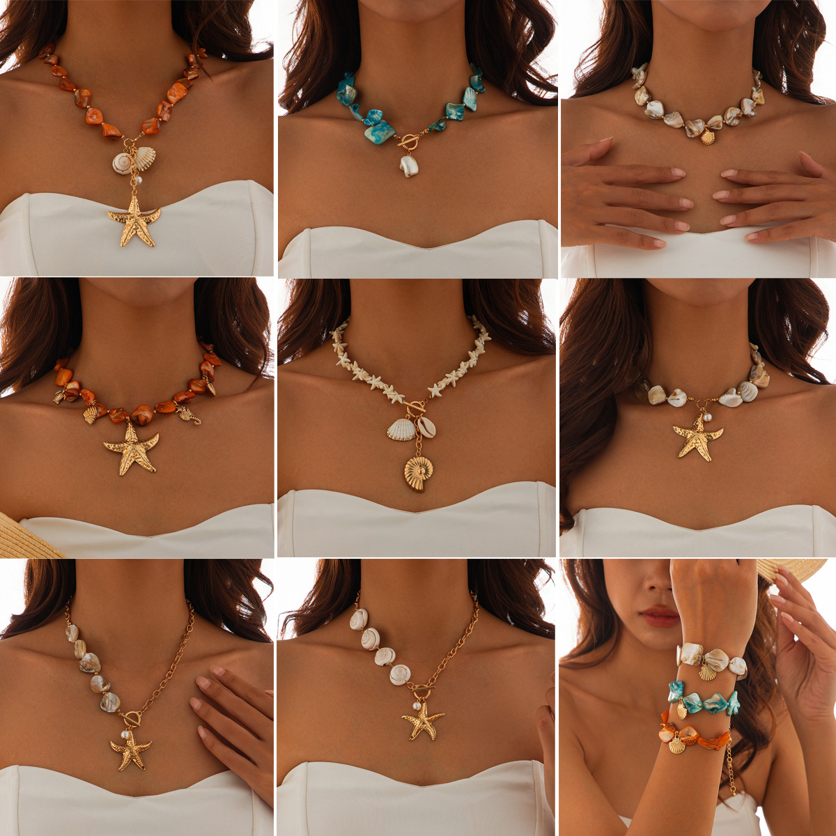 European and American cross-border jewelry, beach vacation, shell collarbone chain, ocean style, starfish, versatile set necklace full figure
