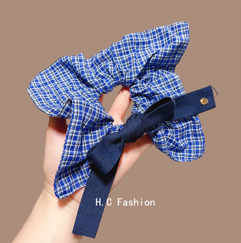 Korean-style denim blue bow check square scarf, large intestine hair tie, women's high-end look, square hair tie headwear, ponytail hair tie details Picture