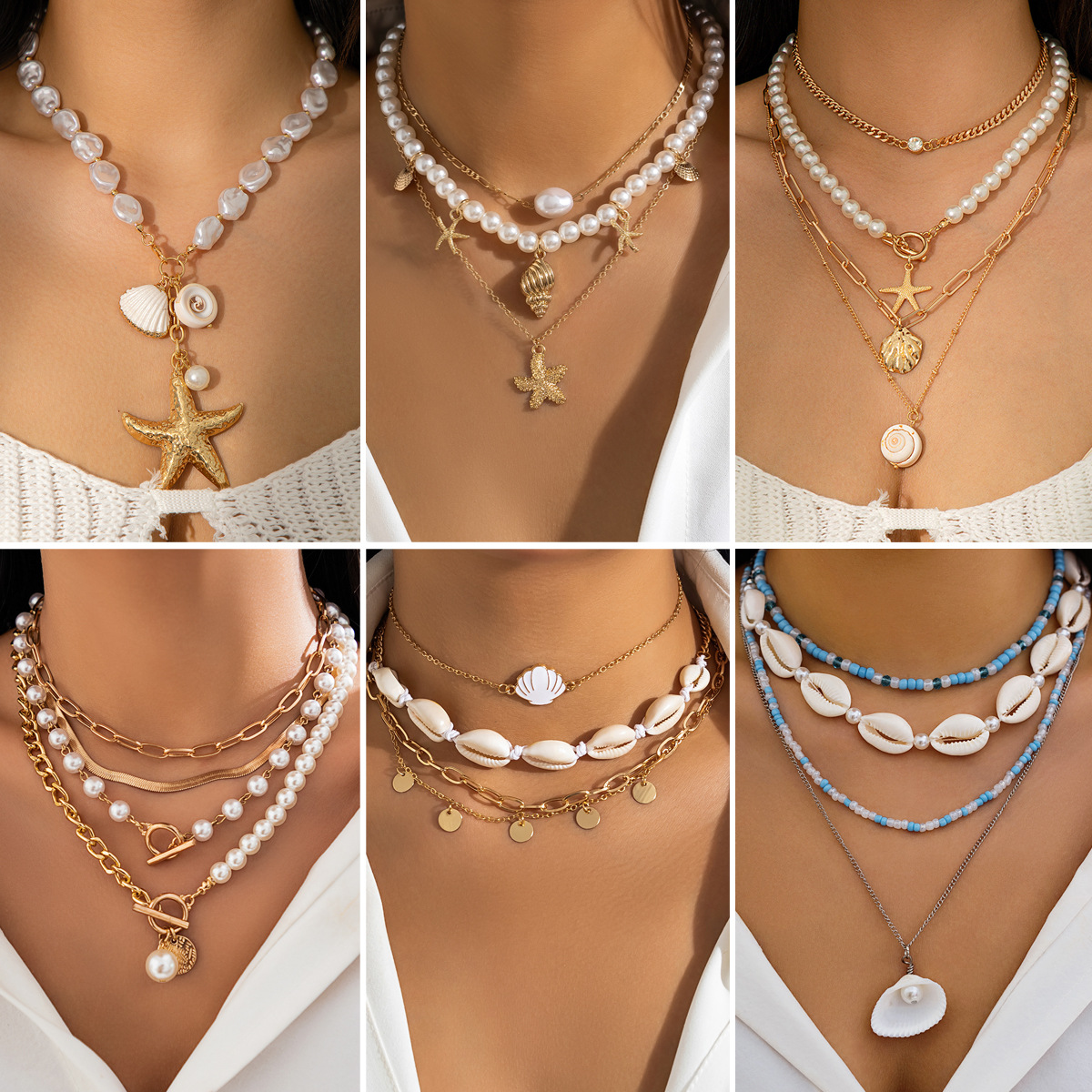 European and American cross-border jewelry beaded necklace beach imitation pearl necklace starfish shell retro vacation necklace full figure