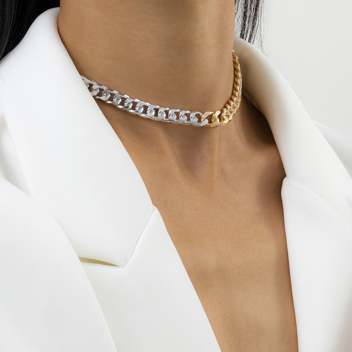 A simple geometric cross-chain necklace from Europe and America, a punk hip-hop trend single-layer mixed-color necklace for women details Picture