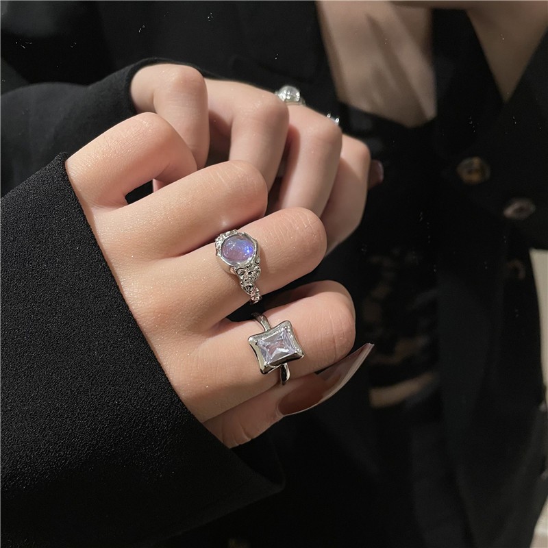 A niche design moonstone square zircon open ring for women's ins, a cold and luxurious ring accessory details Picture