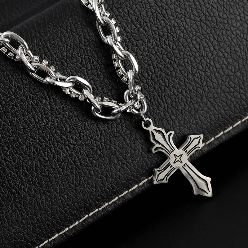 Cool and trendy titanium steel cross necklace, men's hip-hop personality long pendant accessory details Picture