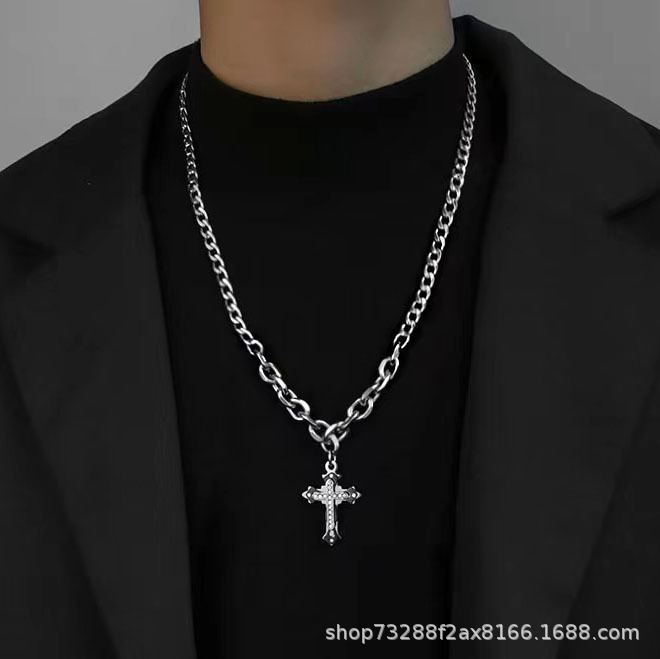 European and American trend diamond-encrusted double-layer cross pendant stainless steel necklace, hip-hop style light luxury long sweater chain Application Scenario