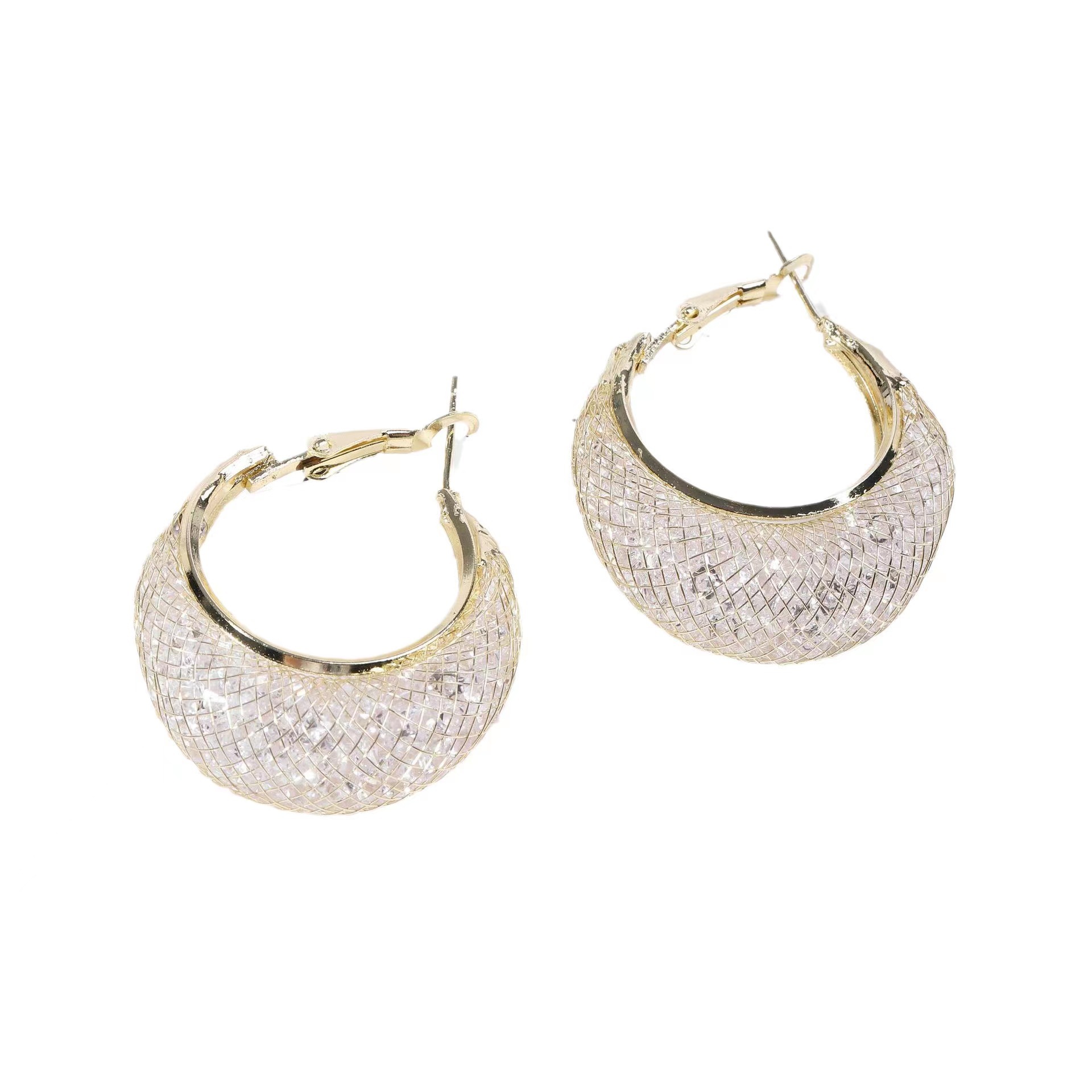 Light luxury gold wire mesh crystal teardrop ear ring earrings, feminine charm, individuality, versatile ear buckle design, ring earrings Item Picture