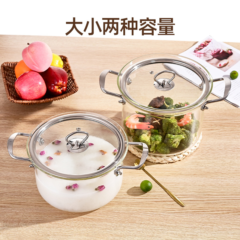 Wholesale transparent heat-resistant glass pot with double ears that can be heated for making soup and boiling water. Household large-capacity covered stew pot details Picture