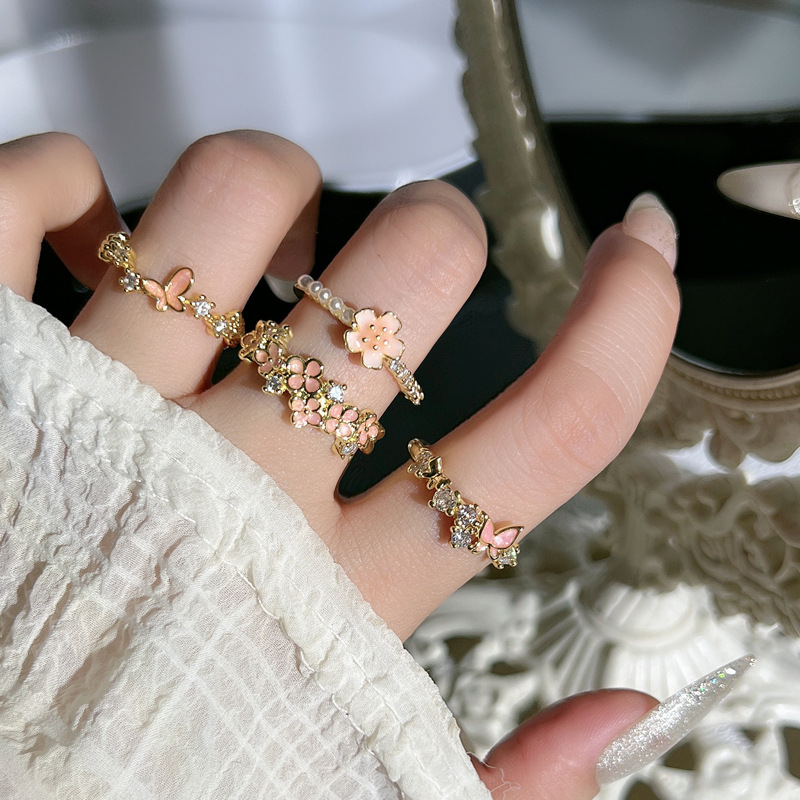 Summer peach blossom pink flower enamel open ring for female butterflies, sweet and cool style, versatile, exquisite and cold style ring details Picture