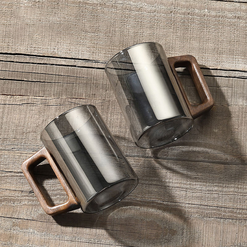 Wholesale thickened high-temperature resistant glass cups, tea brewing cups, household Japanese-style transparent green tea cups, office heat-resistant wooden handle cups details Picture