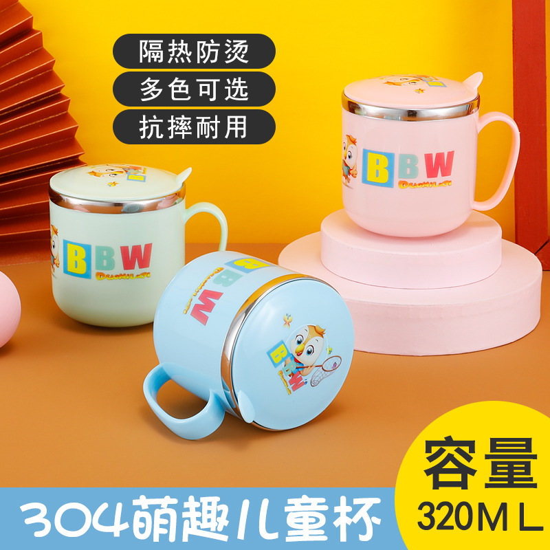 Children's cartoon cup, double-layer with handle, kindergarten cup gift, 304 stainless steel mug, children's water cup details Picture