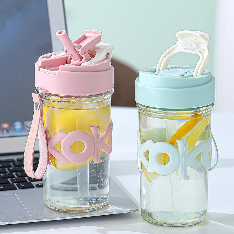 Heat-insulating glass cup, double-drinking cup with one lid, office and home use, high appearance level water cup, portable handle coffee straw cup details Picture