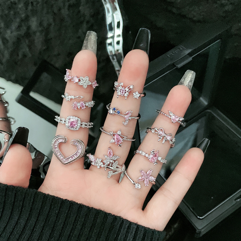 Sweet and cool pink diamond butterfly irregular simple and fashionable open ring, adjustable for women, cold style, layered and niche ring details Picture