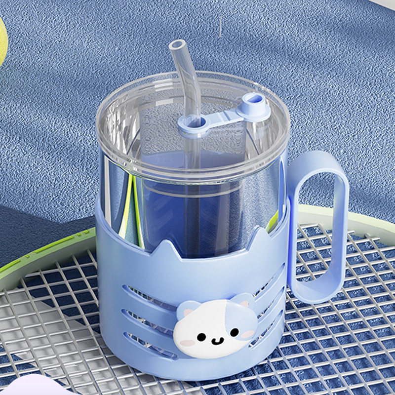 Double-layered glass cups with handles, cartoon printed straw cups, cute breakfast cups, gift water cups, milk straw cups Specification drawing