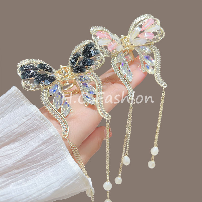 Summer 2024: Super fairy-like bow tassel metal hair clip, water diamond grab clip, elegant shark girl updo, shark clip hair accessory full figure
