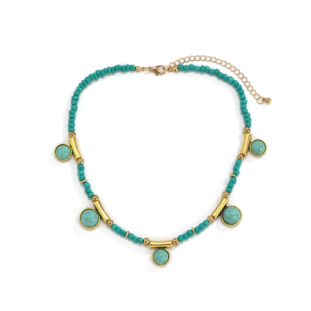 European and American cross-border jewelry, retro patchwork turquoise geometric tassel hanging ball necklace, pastoral mixed and matched round bead chain necklace Item Picture