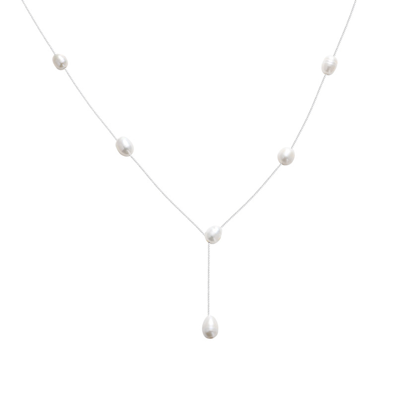 Korean freshwater pearl necklace, pure white Y-shaped fresh and sweet sweater chain in an ins style for women, cross-border fashionable and elegant necklace Item Picture