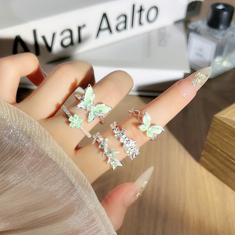 Summer atmosphere Mambo mint green drip glaze butterfly open ring, sweet and whitening for women, flower cold style ring details Picture