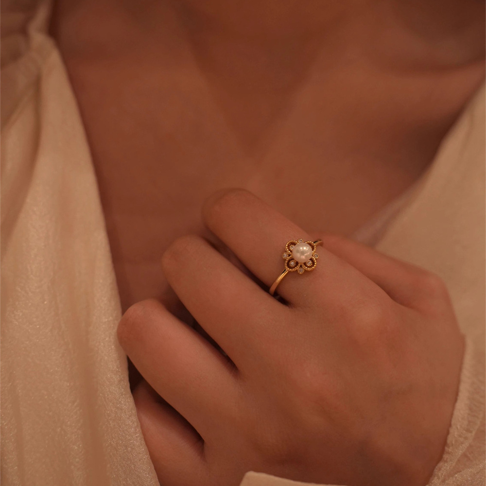 French vintage lace diamond-encrusted pearl ring, women's high-end and light luxury index finger ring, open ring trend details Picture