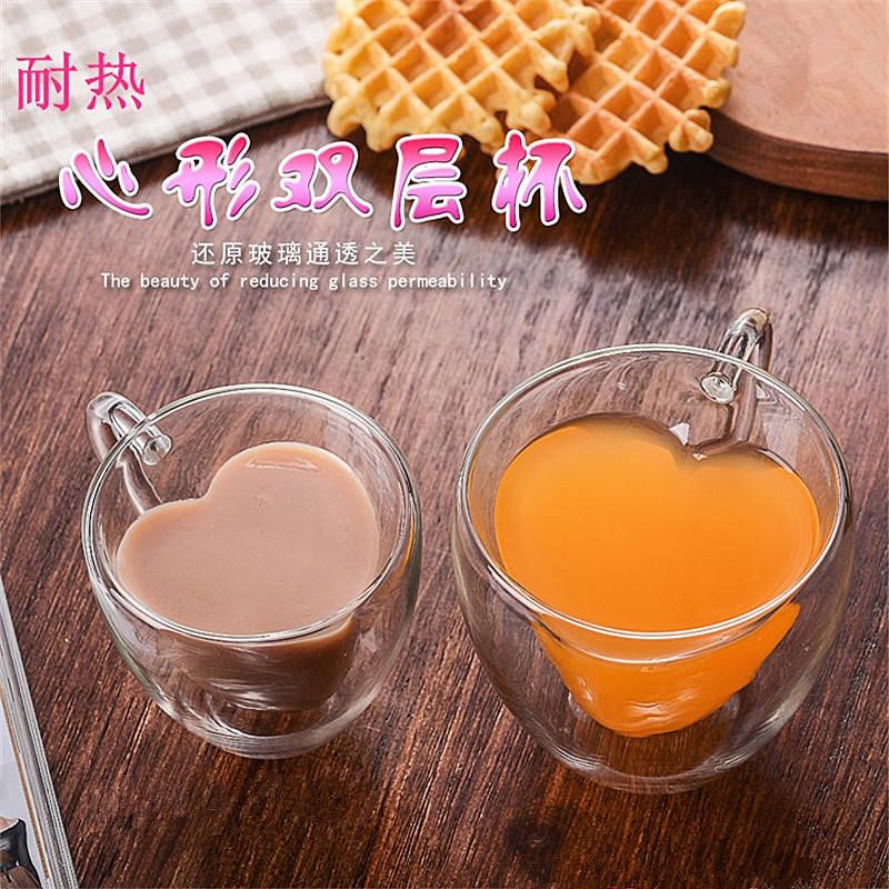 Creative double-layered glass cups, romantic heart-shaped double-layered cups, cute milk tea cups with handles, and internet-famous coffee cups details Picture