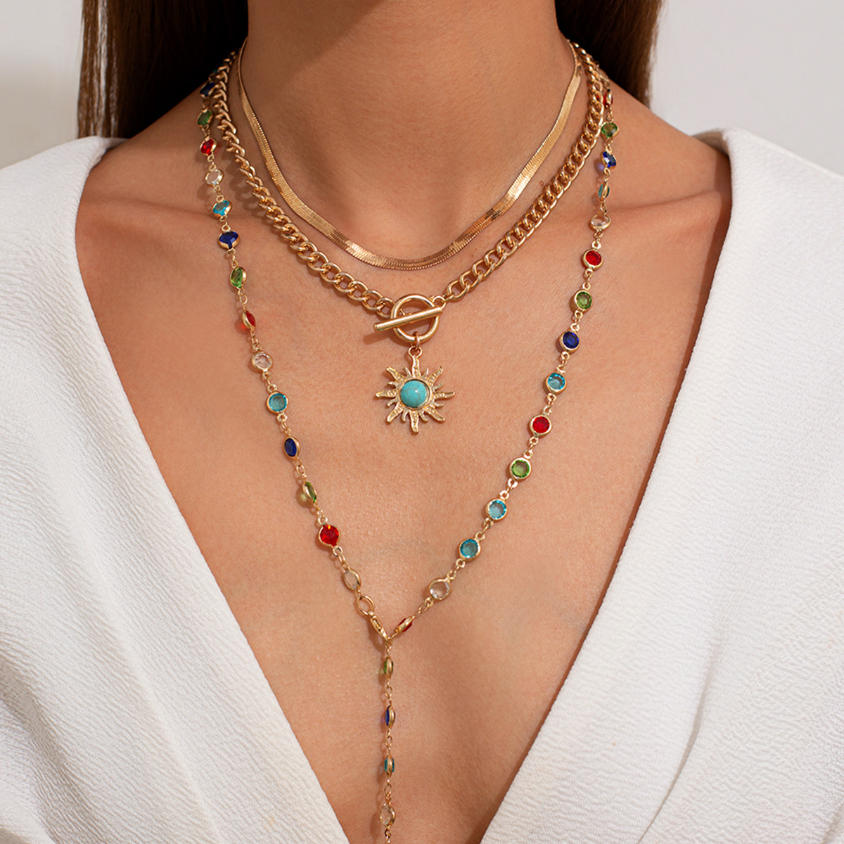European and American cross-border jewelry sunflower colorful crystal chain necklace, sweet and elegant Su alloy multi-layer collarbone chain full figure